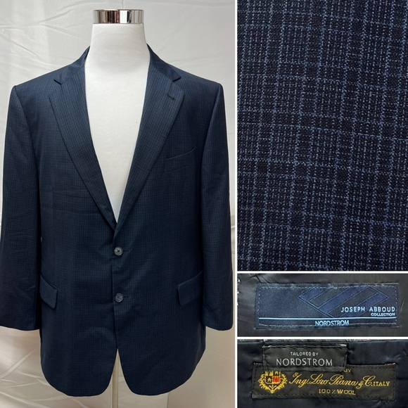 Men's Joseph Abboud Loro Piana Navy Blue Plaid Grid 2-Button 50L Blazer Jacket